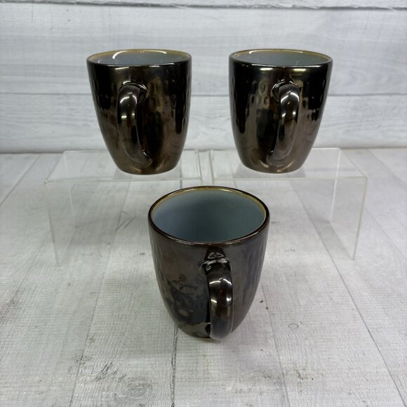 Food Network ANGELICA Light Blue Bronze Metallic 16oz Stoneware Cups Mugs Set 3 - Picture 5 of 16